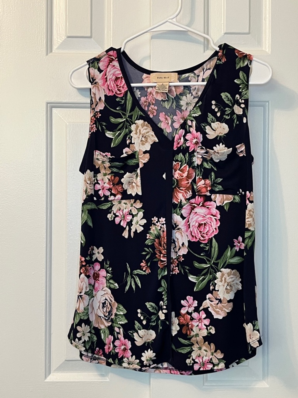 Diana Belle Navy Blue Floral Sleeveless Blouse Tank Breast Pockets Size S